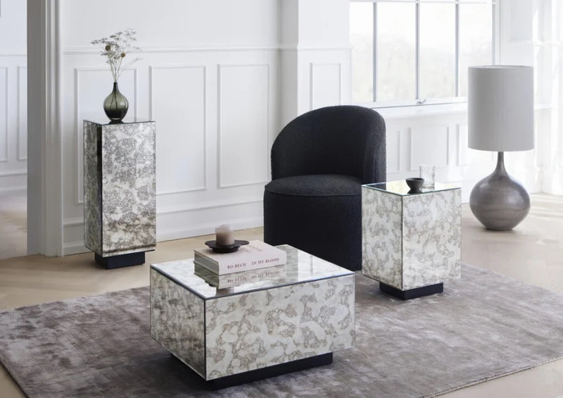 Plinth Side Table - Mirrored Glass - Antique Finish