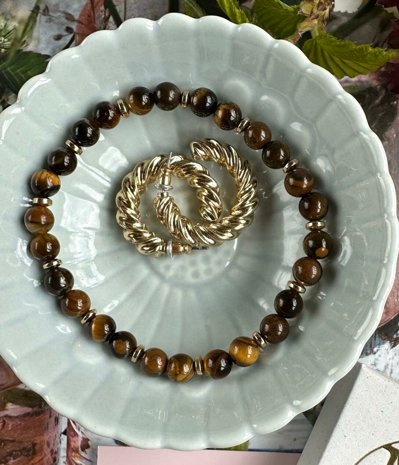 Bracelet - Natural Stones With Golden Spacers - Tiger Eye