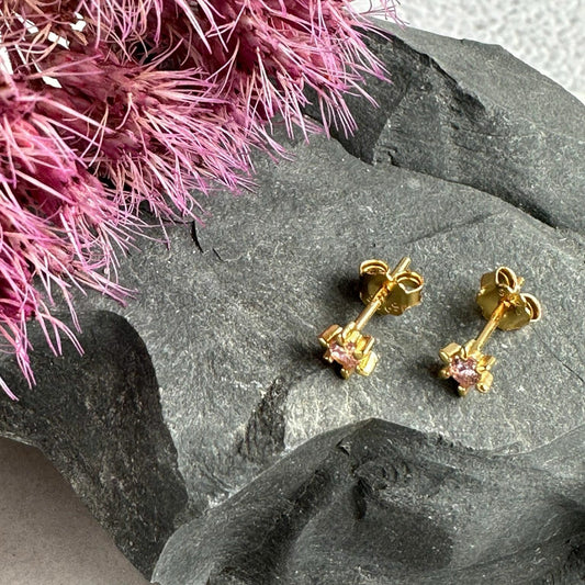 EVE - Stud Earrings - Sterling Silver - Gold Plated - Pink CZ