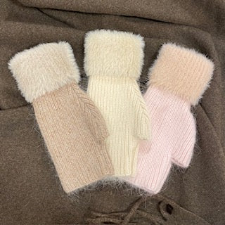Gloves - Fingerless - Angora & Cashmere Blend - Beige