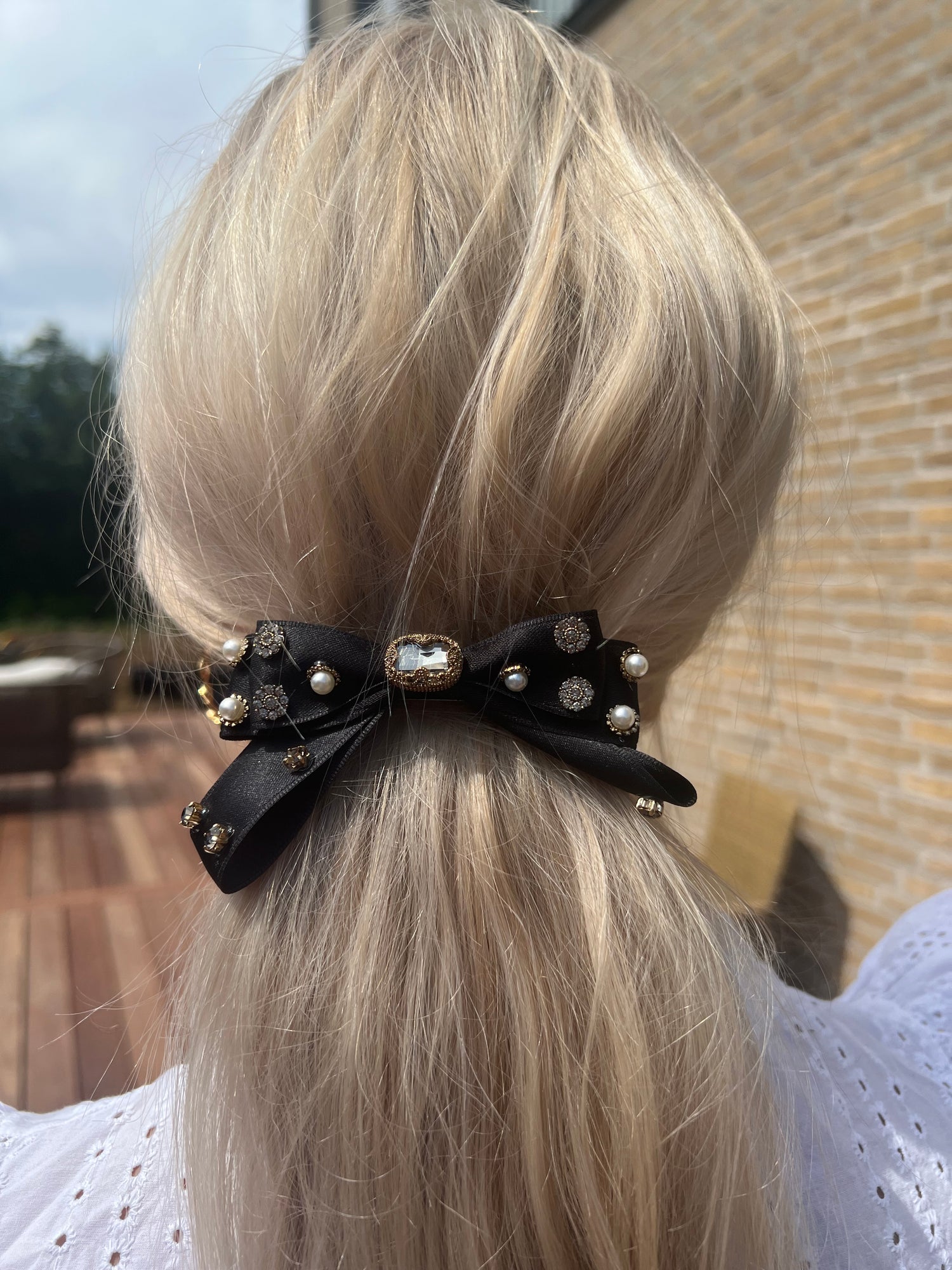 Barrette Hair Clip Bow - Black With Crystal