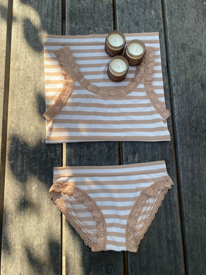 ISA Stripe Rib Mini Panties with Lace - Nudo/Bianco