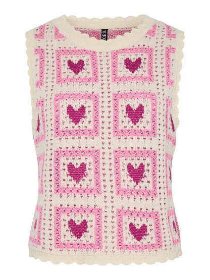 Vest - PCANNA KNITTED CROCHET VEST - Cloud Cream/Pink Heart