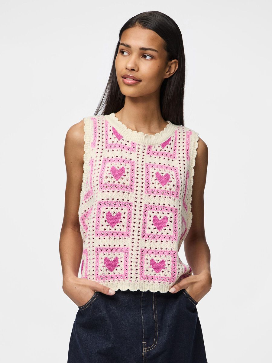 Vest - PCANNA KNITTED CROCHET VEST - Cloud Cream/Pink Heart