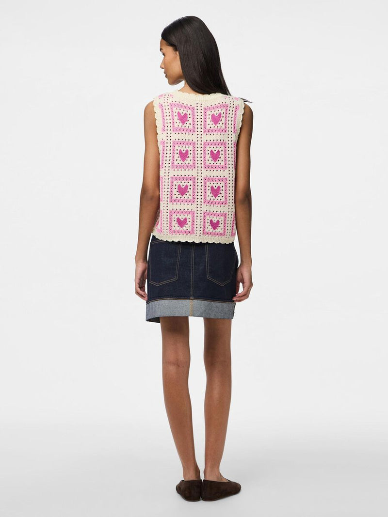 Vest - PCANNA KNITTED CROCHET VEST - Cloud Cream/Pink Heart