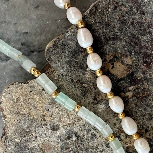 Necklace LILLY - Sage Green With Freshwater Pearls - Gold Plated