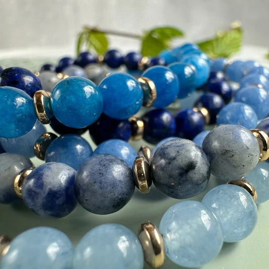 Bracelet - Natural Stones With Golden Spacers - SkyBlue