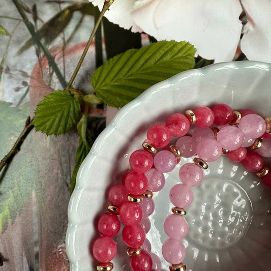 Bracelet - Natural Stones With Golden Spacers - Soft Pink