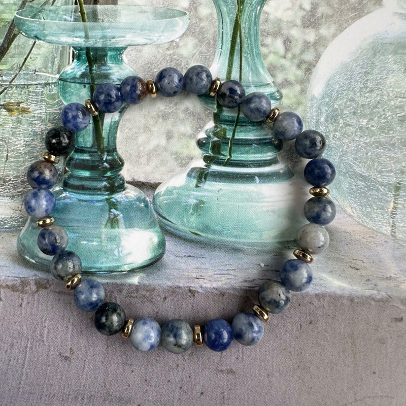 Bracelet - Natural Stones With Golden Spacers - Mottled Blue