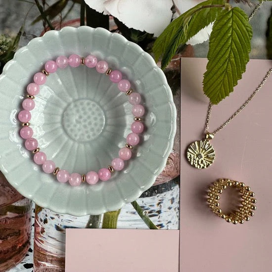 Bracelet - Natural Stones With Golden Spacers - Bubblegum Pink