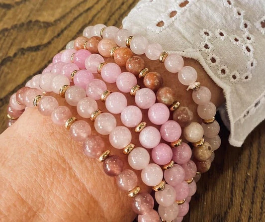 Bracelet - Natural Stones With Golden Spacers - Bubblegum Pink