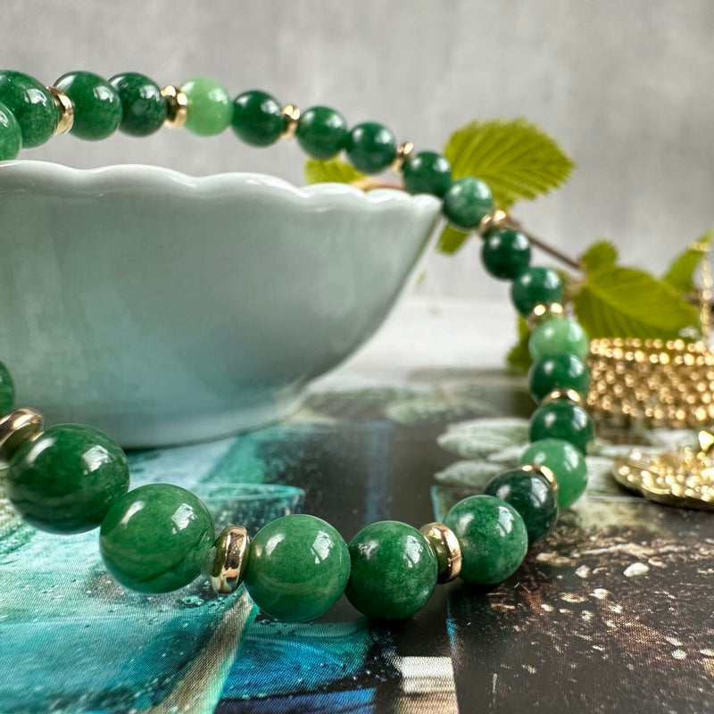 Bracelet - Natural Stones With Golden Spacers - Green