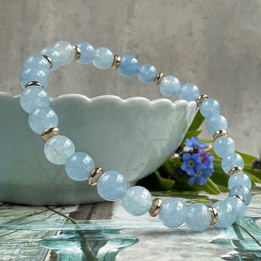 Bracelet - Natural Stones With Golden Spacers - Soft Blue