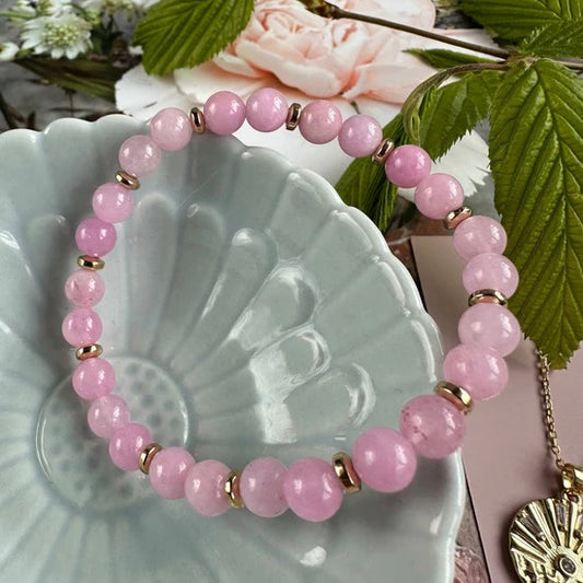 Bracelet - Natural Stones With Golden Spacers - Soft Pink