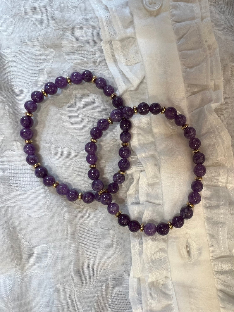 Bracelet - Natural Stones With Golden Spacers - Purple