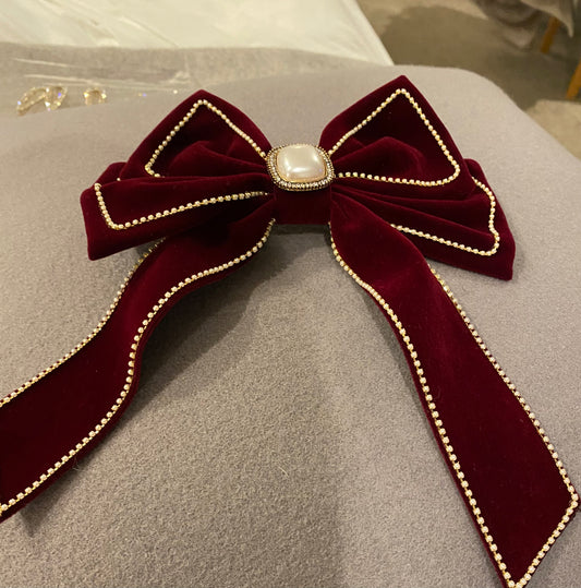 Bow - Elaborate With Pearl - Burgundy - Velvet