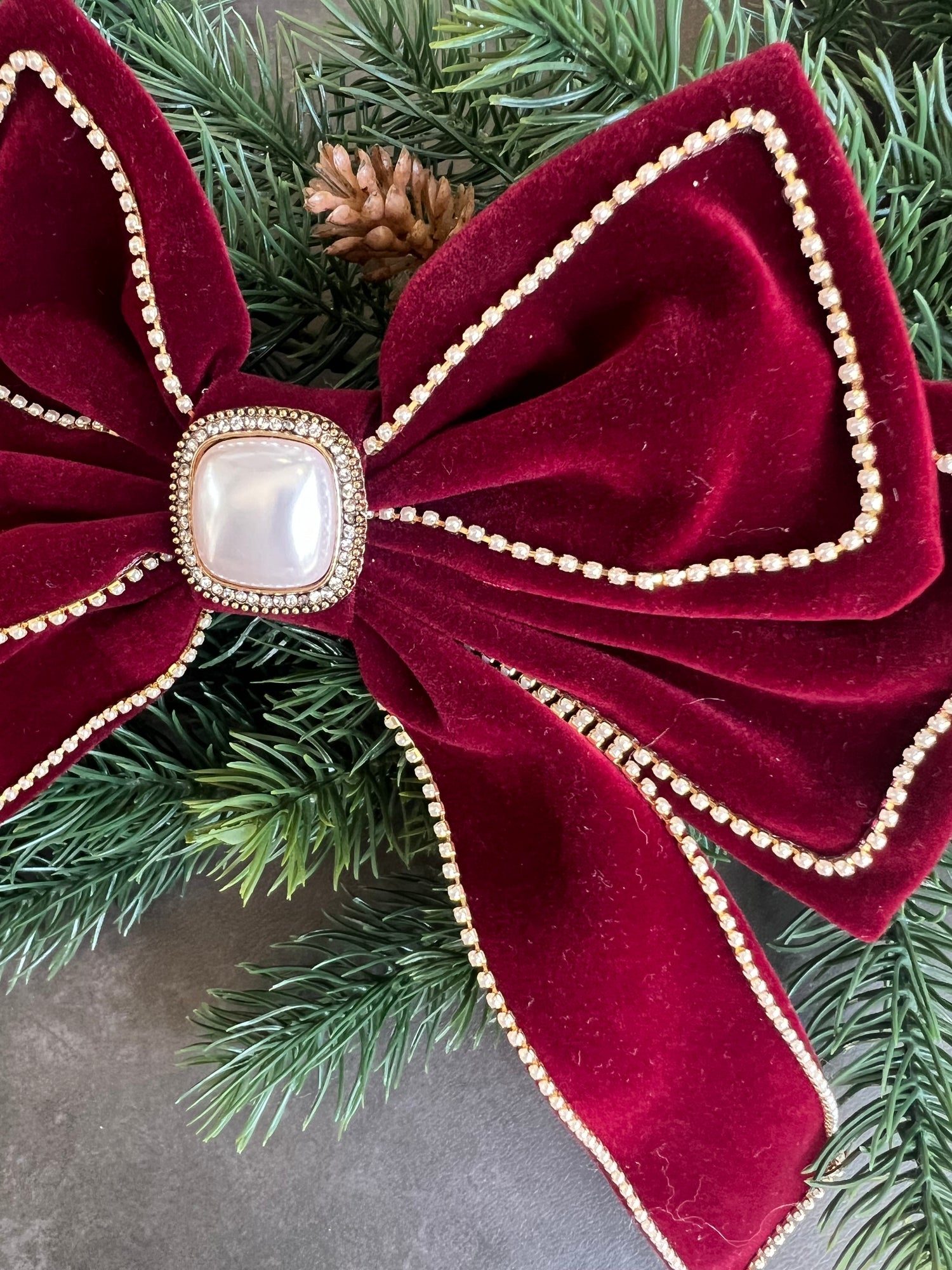 Bow - Elaborate With Pearl - Burgundy - Velvet