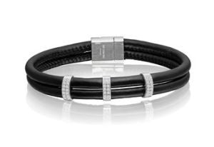 SIF JAKOBS-Modena Due Bracelet-Black Leather- 925 Sterling Silver-White Cubic Zirconia